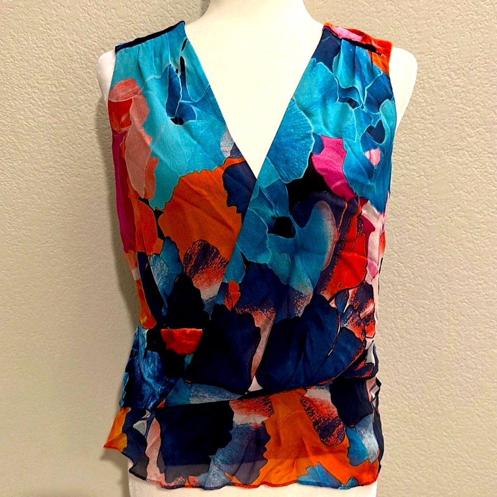 Anthropologie Floral Wrap-Front Sleeveless Blouse in Teal, Orange, Navy, Pink
